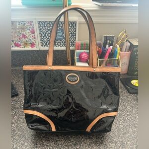 Vintage Coach Glossy Black and Tan Tote Bag